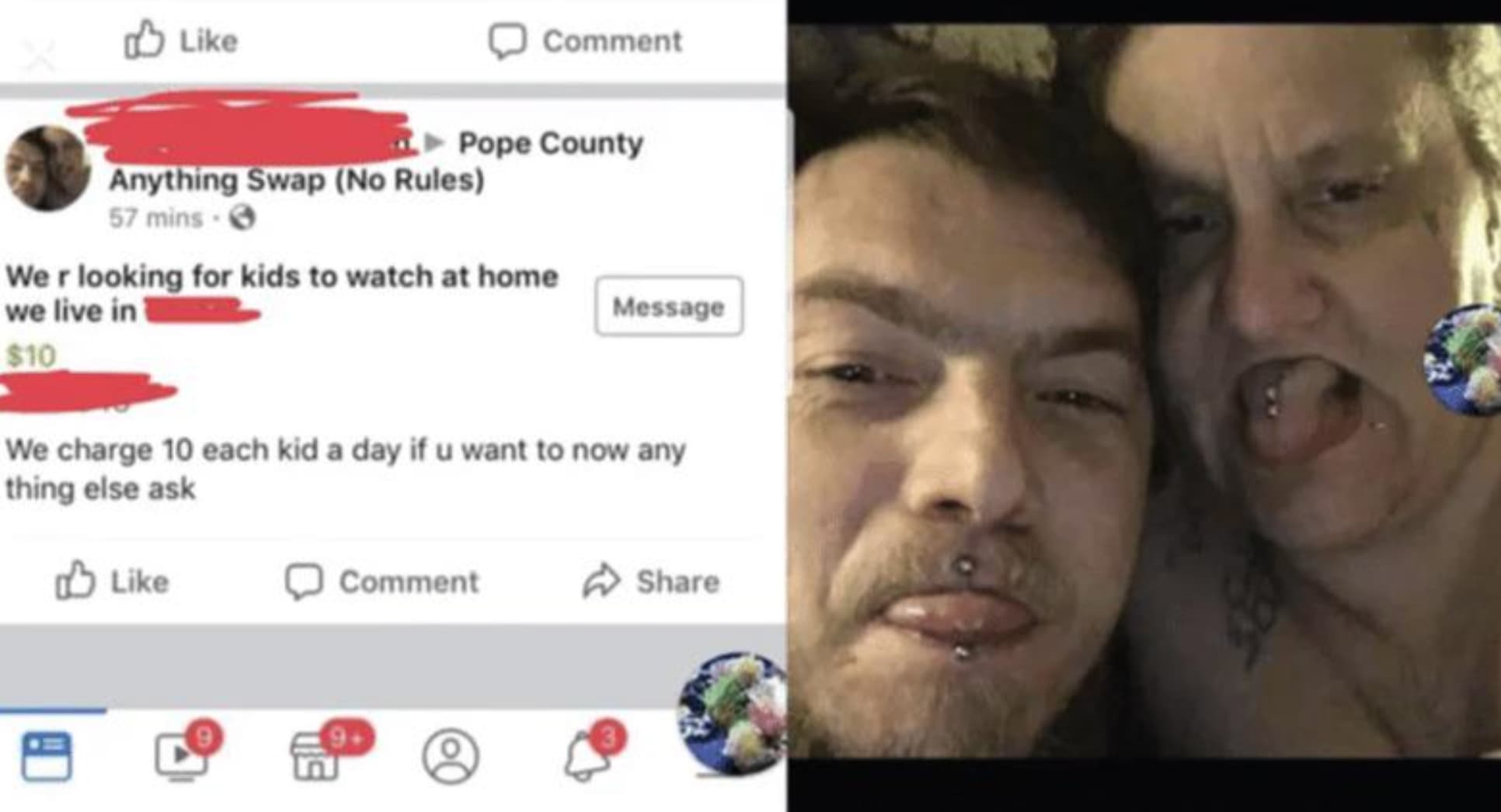 screenshot - Comment Pope County Anything Swap No Rules 57 mins We r looking for kids to watch at home we live in $10 Message We charge 10 each kid a day if u want to now any thing else ask Comment